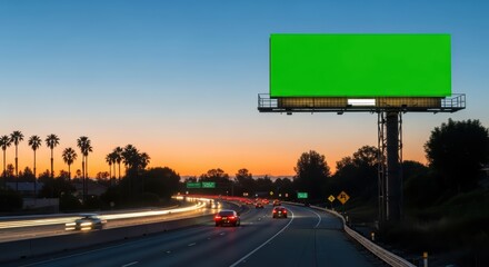 Billboard above highway with cars driving at sunset