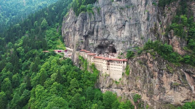 Ancient church on the rock. Sumela Monastery in Turkey. Old church in the mountains.