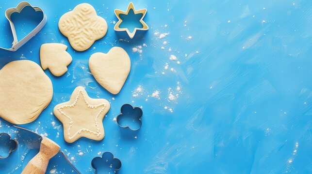 Unbaked cookie dough shapes and metal cutters on a blue background, dusted with flour. Homemade baking preparation. - Powered by Adobe