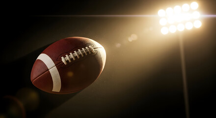 Dynamic American football suspended mid-air under bright stadium lights creating an intense atmosphere for game day excitement and athletic competition