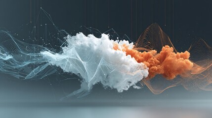 Abstract digital network with cloud computing elements. Interconnected lines, smoke, and particles visualize data flow and technological connections.