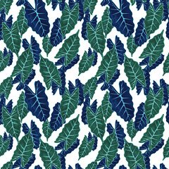 Watercolor blue green tropical alocasia leaves seamless floral pattern on white background