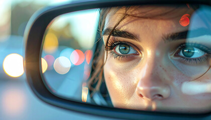 Eyes on the Road: Glimpse of a woman's focused eyes reflected in a car's rearview mirror, capturing the essence of anticipation and the journey ahead.