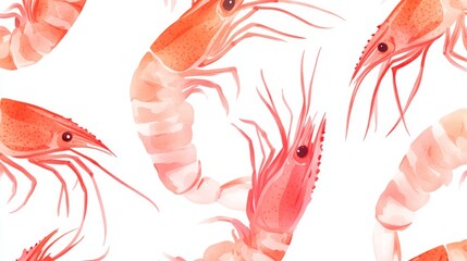 24.A seamless pattern of stylized pink shrimp illustrations, each designed with bold geometric shapes and clean lines, arranged in a modern and minimalist repeating design on a white background.