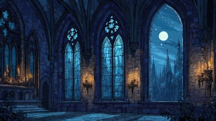 Obraz premium Abandoned ancient chapel with tall windows concept. A gothic interior with moonlit windows and medieval architecture.