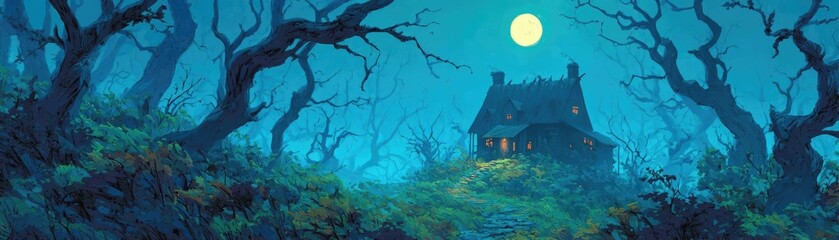 Naklejka premium Haunted house glowing under moonlit woods concept. A mysterious haunted house in a dark, enchanted forest at night.