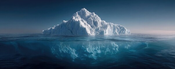Iceberg showing underwater risk and hidden threat concept. A majestic iceberg floats serenely on calm blue waters.