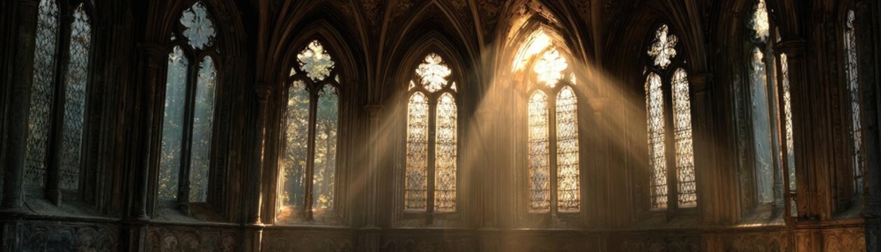 Abandoned ancient chapel with tall windows concept. Stunning interior of a gothic cathedral with sunlight streaming.