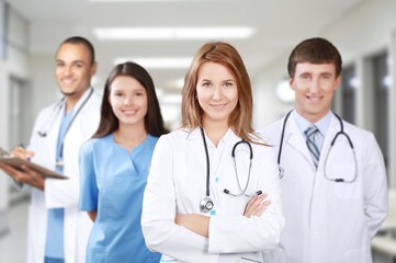 Fototapeta premium Portrait of a happy doctor team in the hospital clinic.