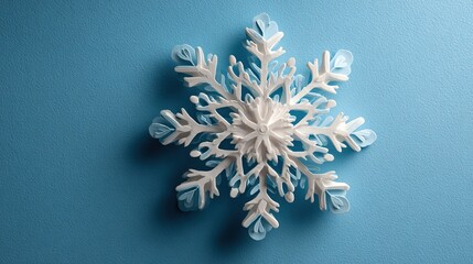 Minimal Snowflake on Bright Blue Background. Flat Lay Season Concept.