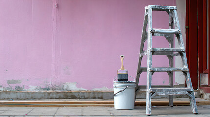 A stepladder and a paint bucket stand ready beside a pink wall.
