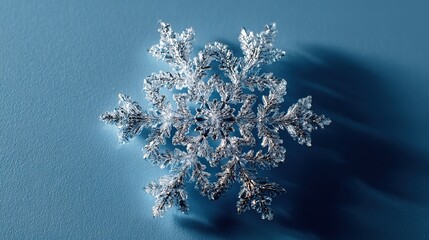 Minimal Snowflake on Bright Blue Background. Flat Lay Season Concept.