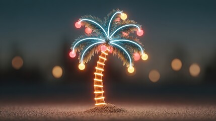 Neon Palm Tree with Christmas Lights. Minimal New Year Concept.