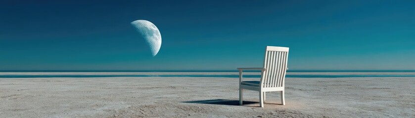 Fototapeta premium Astronaut relaxing calmly on moon beach chair concept. A serene scene featuring a lone chair by a tranquil ocean.