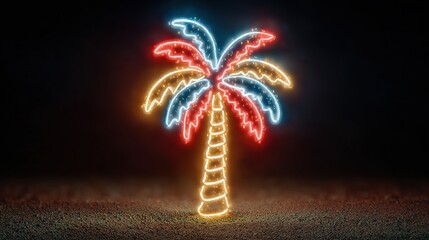 Neon Palm Tree with Christmas Lights. Minimal New Year Concept.
