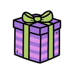 Striped Gift Box with Green Ribbon and Bow in a Minimalist Style on Transparent Background