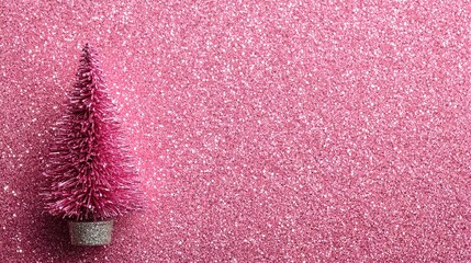 Pink Glitter Background with Christmas Tree. Flat Lay Shiny Texture for New Year Concept.
