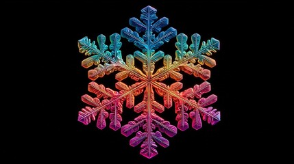 Snowflake in Vivid Neon Colors on a Christmas or Winter Dark Background. Festive and Modern Concept