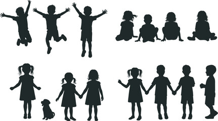 Black silhouette of children playing, jumping, sitting, holding hands, joyful interaction, friendship, group activity, childhood moments, social bonding, outdoor fun, unity