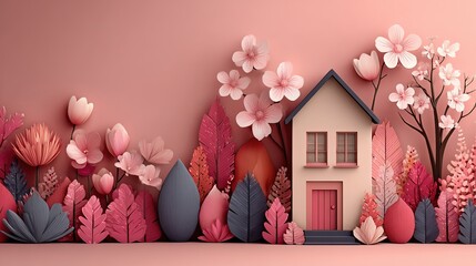 Spring Flowers and Leaves Coming Out of Pink House. Spring Nature Concept for Season Background Idea.