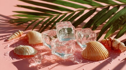 Summer Day Scene with Ice Cubes, Sea Shells, and Tropical Palm Leaf on Pink Sand Pastel Color Background. Minimal Sunlight Tropical Flat Lay Arrangement.