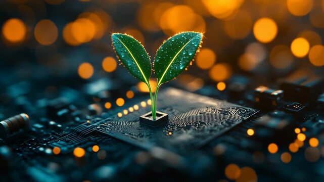 Small green plant sprouting from microchip on electronic circuit board with glowing orange bokeh, symbolizing eco-friendly technology, sustainable innovation, digital nature, green energy integration