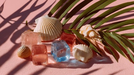 Summer Day Scene with Ice Cubes, Sea Shells, and Tropical Palm Leaf on Pink Sand Pastel Color Background. Minimal Sunlight Tropical Flat Lay Arrangement.