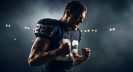 American football player celebrating victory, showing intense emotion and determination, perfect for sports marketing or motivational content
