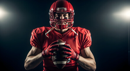 Determined American football player in red uniform ready for action, holding the ball with intense focus under dramatic spotlight
