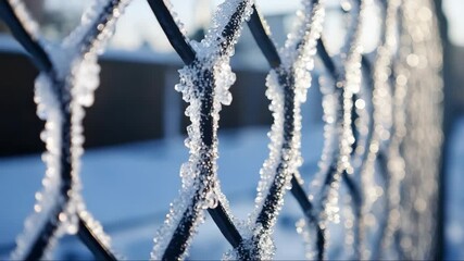 Frost-covered fence glistening in winter sunlight near a snowy landscape - Powered by Adobe