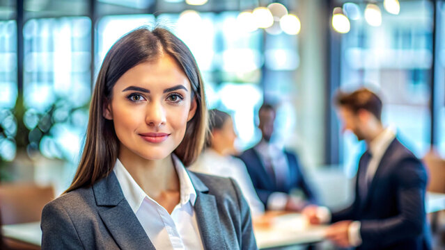 imagine primo piano di giovani donna professionista in abito formale, sfondo sfuocato di ambiente lavorativo