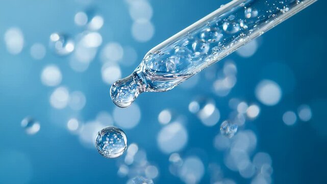 Close-up a transparent dropper releasing glowing serum drops in soft blue background, symbolizing skincare, hydration, wellness, clean cosmetic science, modern beauty treatment with minimalist appeal.