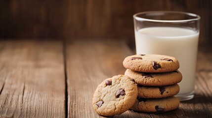 Stack of freshly baked chocolate chip cookies beside a glass of milk on a rustic wooden table, evoking a cozy and inviting snack time atmosphere