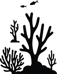 Illustrator Vector Ocean corals and fishes underwater seascape silhouette