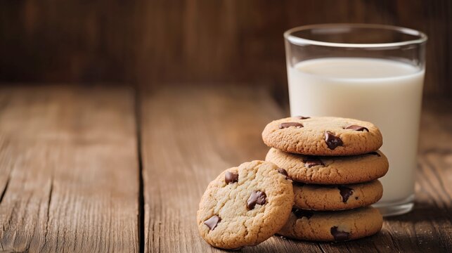 Stack of freshly baked chocolate chip cookies beside a glass of milk on a rustic wooden table, evoking a cozy and inviting snack time atmosphere