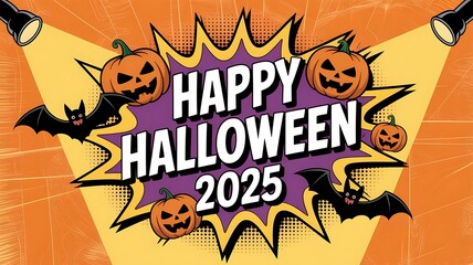 Retro comic style halloween 2025 poster with jack o lantern pumpkins bats and bold happy halloween typography