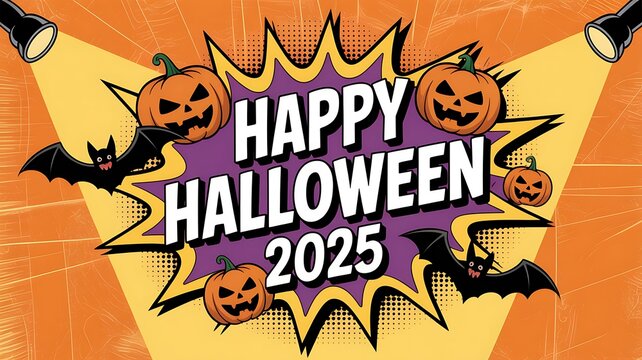 Retro comic style halloween 2025 poster with jack o lantern pumpkins bats and bold happy halloween typography - Powered by Adobe