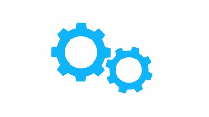 Two big blue gears spinning round on white background. Seamless loop rotation