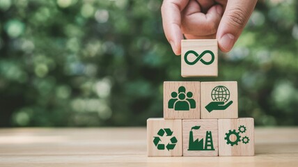 Sustainable business hand placing circular economy block for eco friendly innovation and responsible practices to protect our planet