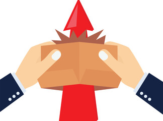Rising red arrow breaks through the box in businessman's hand
