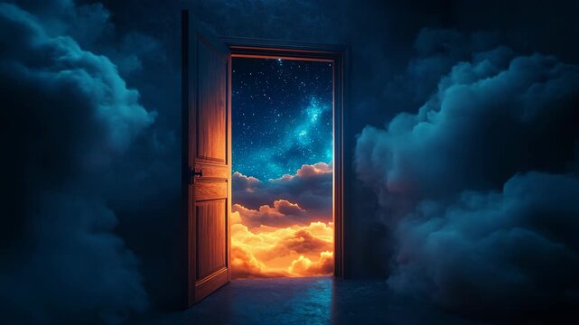 An open wooden door leads to a glowing night sky filled with stars and clouds illuminated by orange light, dreams, imagination, mystery, and the gateway between fantasy and endless possibilities.