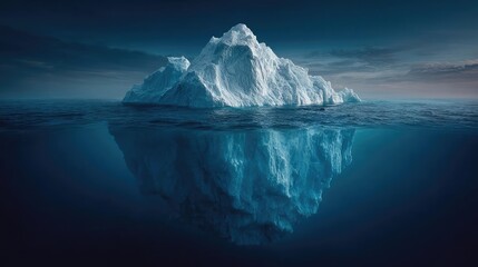 Iceberg showing underwater risk and hidden threat concept. Majestic iceberg reflected in serene ocean waters at twilight.