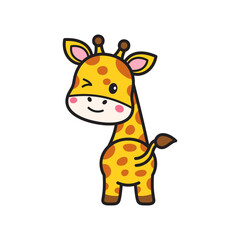 Winking Cartoon Giraffe Doodle with Yellow Body and Brown Spots Isolated on Transparent Background