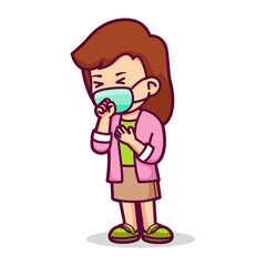 Pixel Art Style Illustration of Woman Coughing with Face Mask on Transparent Background Vector Cartoon Character Design in Light Brown and Pink