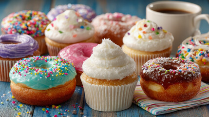 Frosted donut cupcake sprinkles icing colorful sweet dessert pastry joyful breakroom treat on wooden table with coffee cup