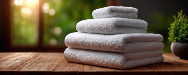 Wooden board with towels in laundry room concept. Neatly stacked towels on a wooden table with a green plant.