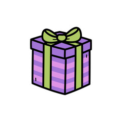 Pixelated Purple Striped Gift Box with Green Ribbon on Transparent Background