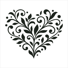 Ornate Floral Heart Icon: Elegant Filigree Design with Swirls, Vines, and Leaves for Love and Romance