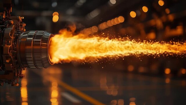 A futuristic jet engine glows, bright flames inside advanced hangar, innovation, aerospace engineering, industrial technology, progress, modern aviation, energy, future of powerful propulsion systems