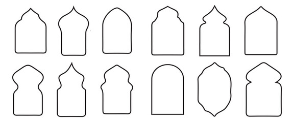 Mosque door Icon Collection — Outline Vector Islamic door Religious Building Symbols for Ramadan, Prayer, Eid, Worship, Religion, and Muslim Architectural Design Elements Illustration.